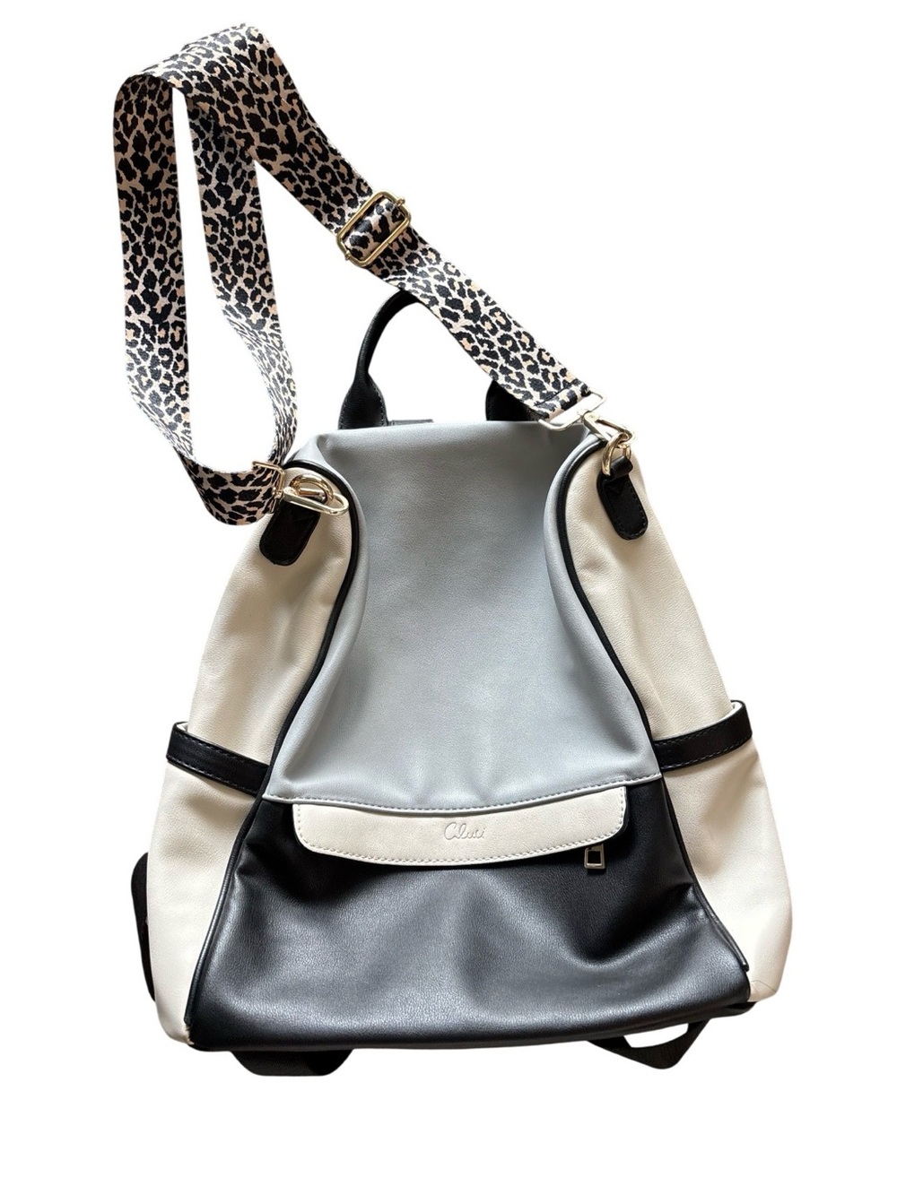 Tri-Tone Navy, White & Gray Leather Backpack with Leopard Strap